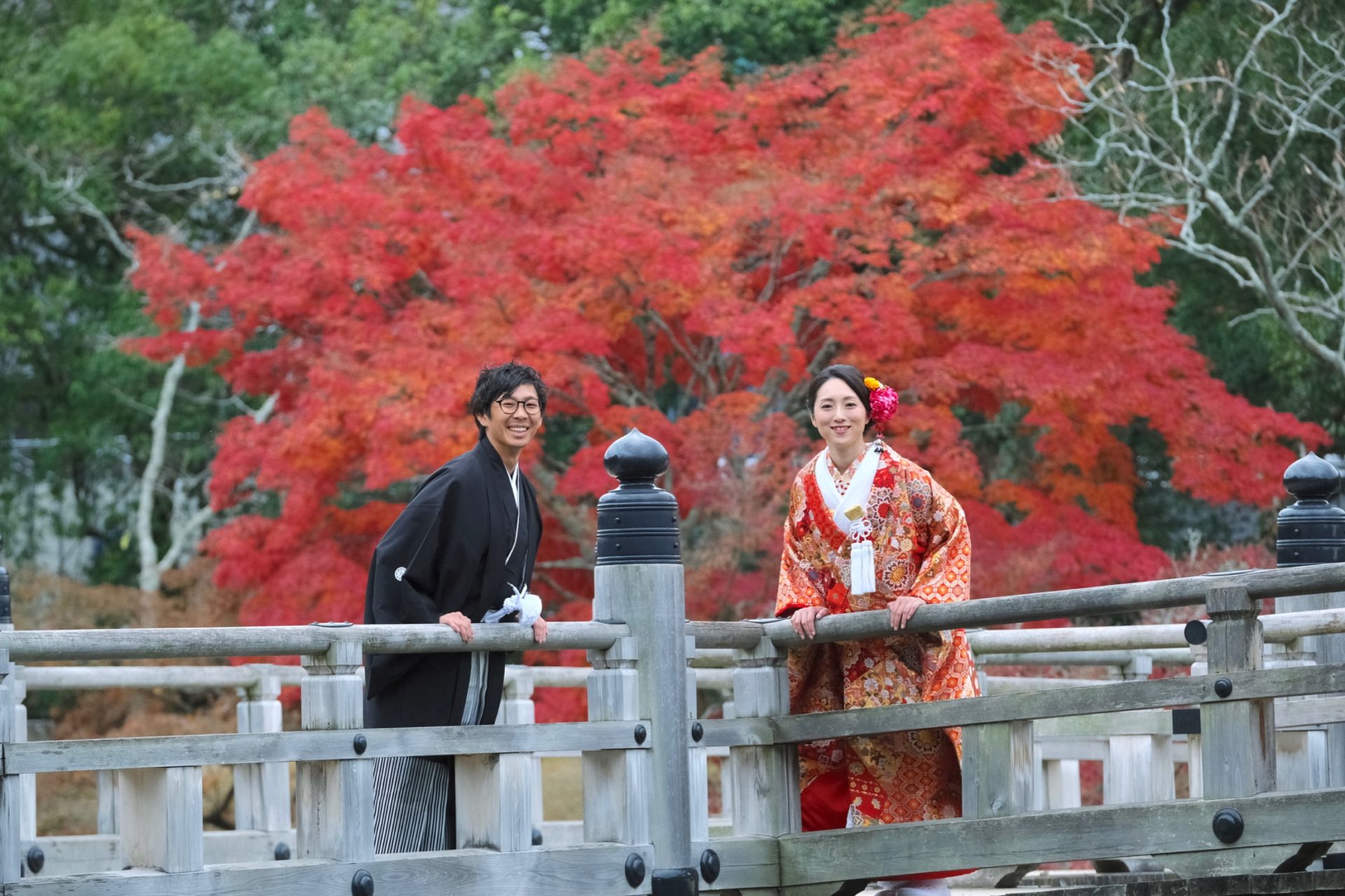 紅葉の奈良で和装の前撮り