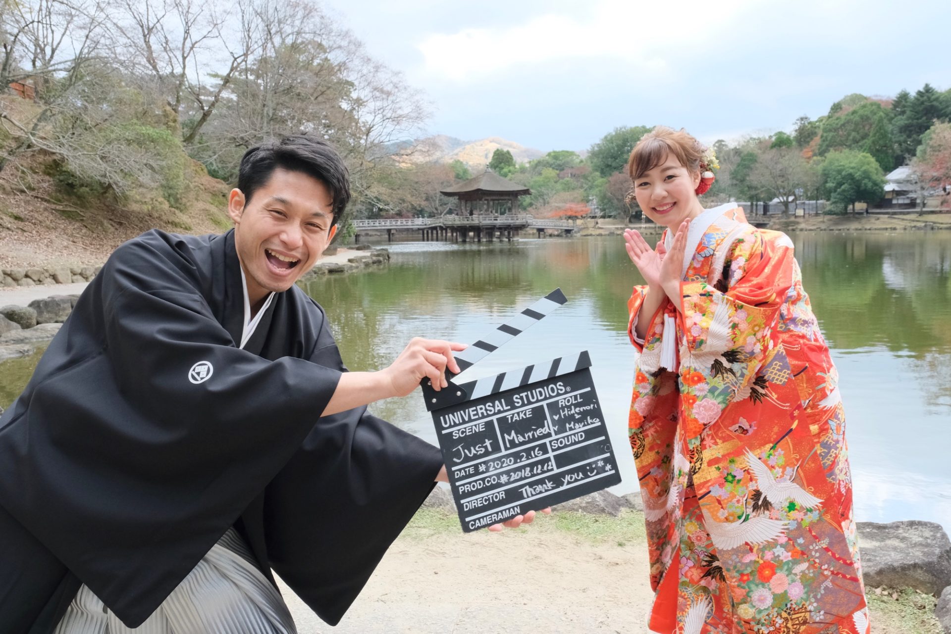 奈良の紅葉で結婚式の和装前撮り写真