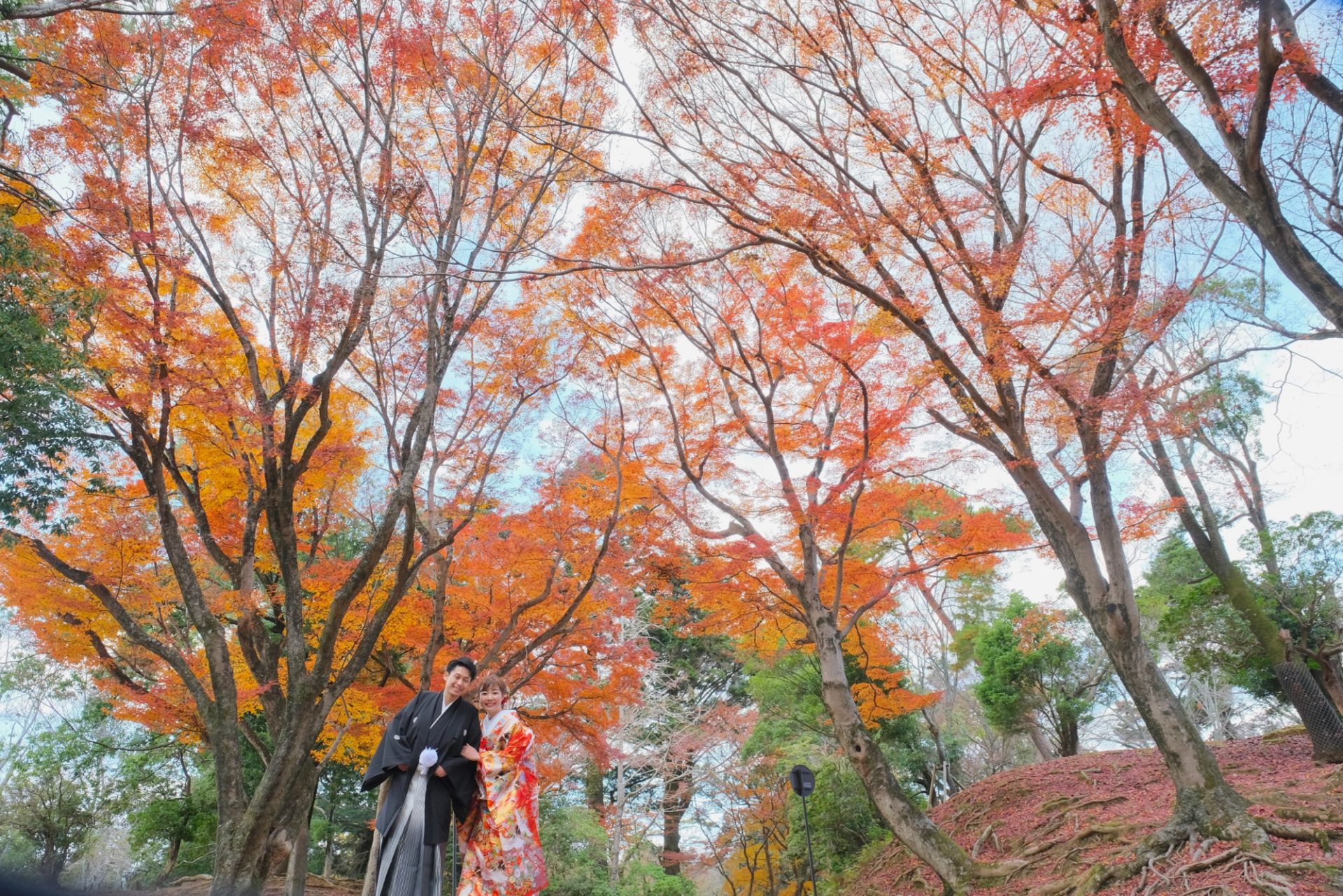 奈良の紅葉で結婚式の和装前撮り写真