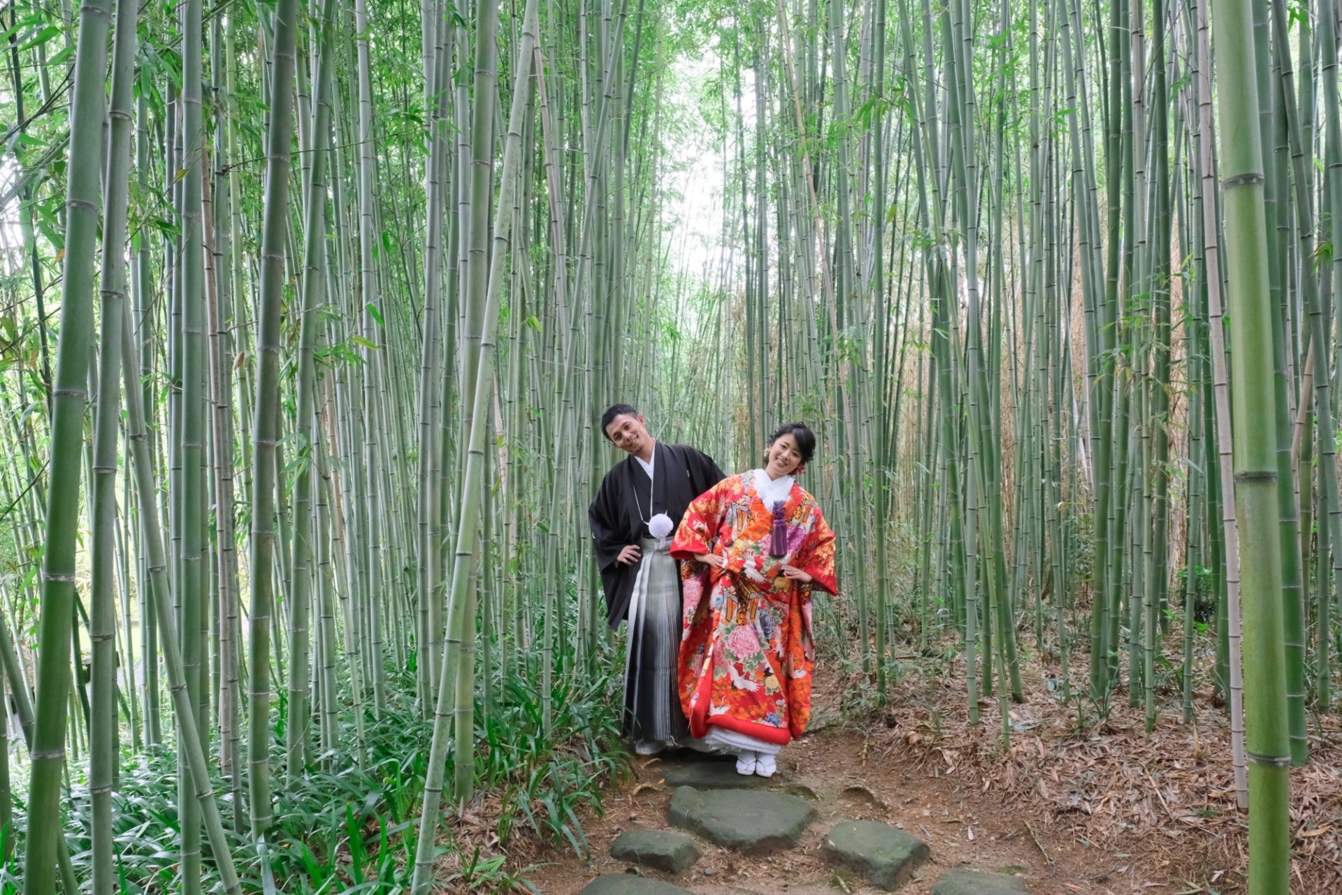 和装の前撮りに洛西竹林公園は京都らしい雰囲気で似合ってました！