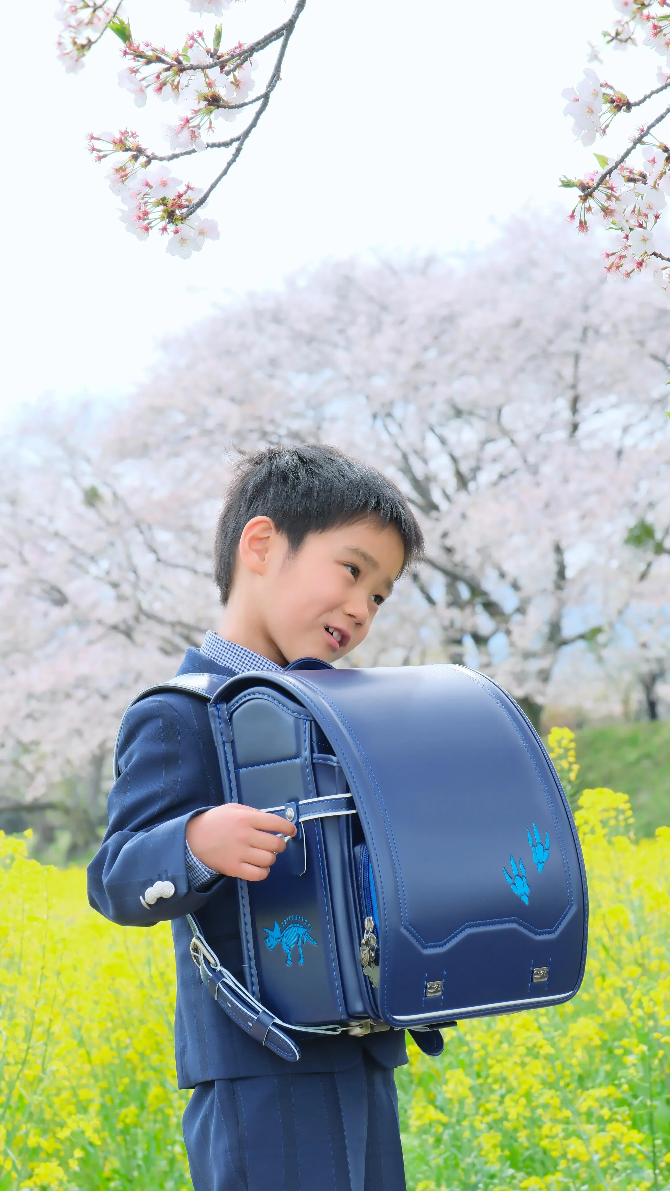 桜と菜の花で卒園記念と入学記念の家族写真